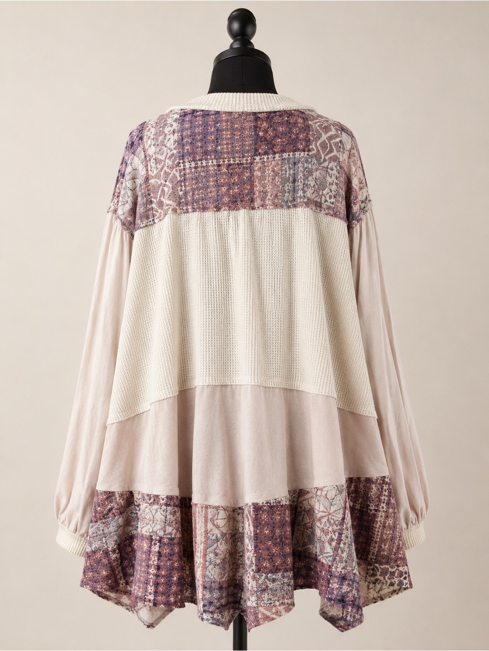 POL Mixed Media Boho Tunic Top Waffle Knit Balloon Sleeve Oversized S - Picture 3 of 8